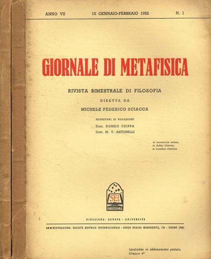 Giornale di metafisica. Rivista bimestrale di filosofia. Anno VII, n.1, 2, 1952 - Michele Federico Sciacca - copertina