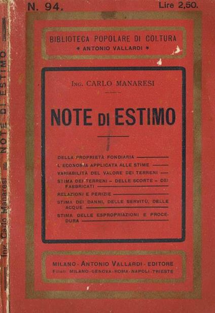 Note di Estimo - Carlo Manaresi - copertina