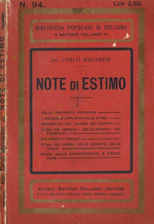 Note di Estimo - Carlo Manaresi - copertina