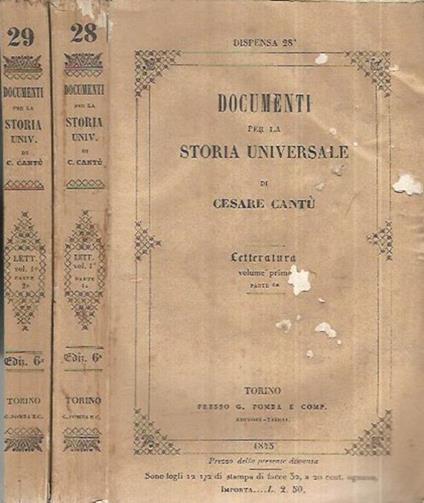 Documenti per la Storia Universale - Anno 1845 - Letteratura Parte I e II - Cesare Cantù - copertina