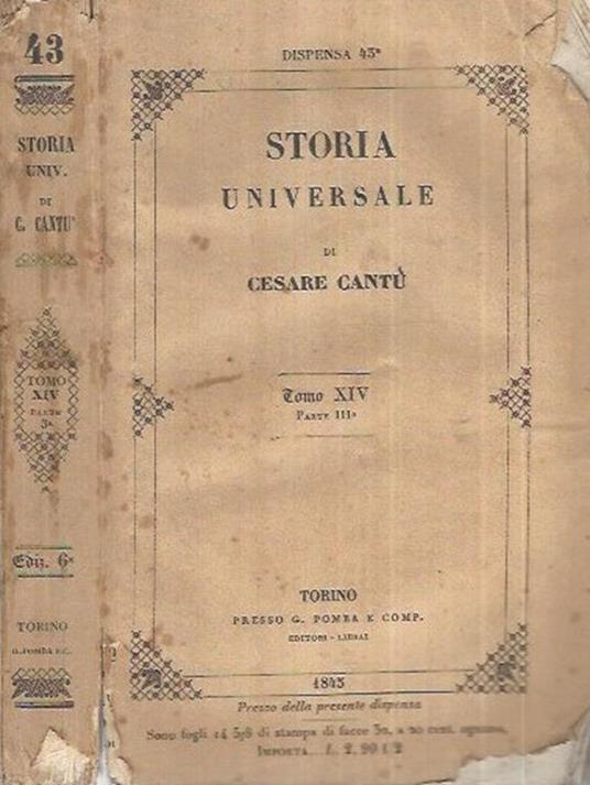 Storia Universale - Anno 1845 - Tomo XIV Parte III - Cesare Cantù - copertina