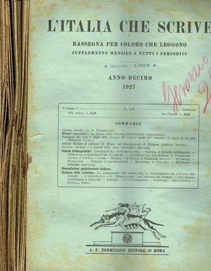 L' Italia che scrive. Rassegna per coloro che leggono. Supplemento mensile a tutti i periodici. Anno X, 1927 - copertina