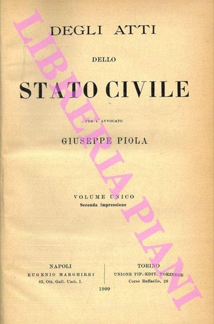 Degli atti dello stato civile - Giuseppe Piola - copertina