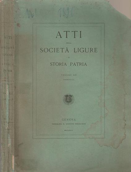 Atti della Società Ligure di Storia Patria. Volume XX - Fascicolo II - copertina