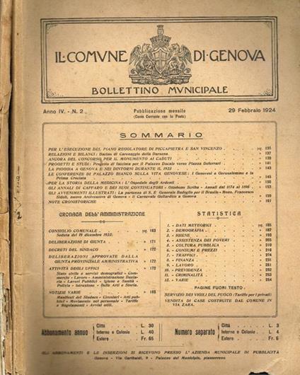 Il comune di Genova. Bollettino municipale anno IV, 1924, n.2, 5 - copertina