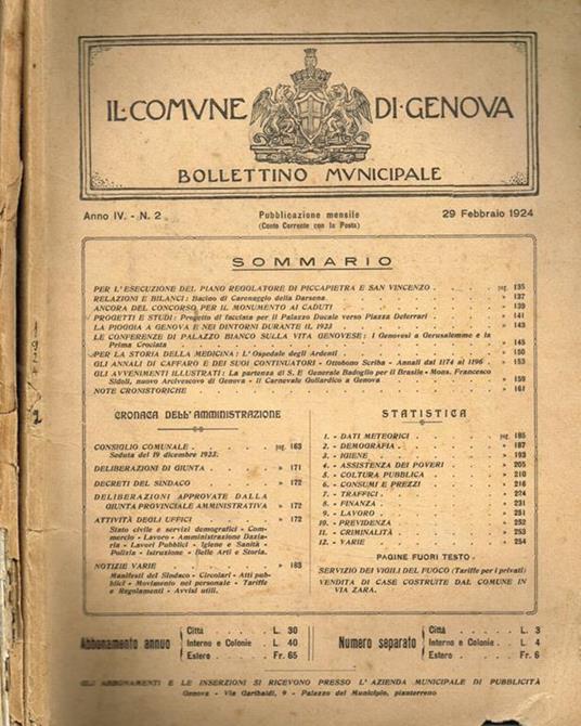 Il comune di Genova. Bollettino municipale anno IV, 1924, n.2, 5 - copertina