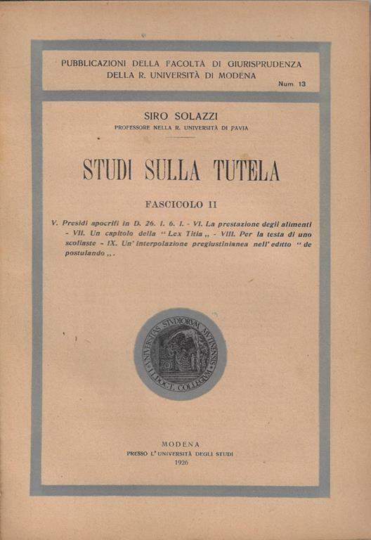 Studi sulla tutela Fascicolo II - copertina