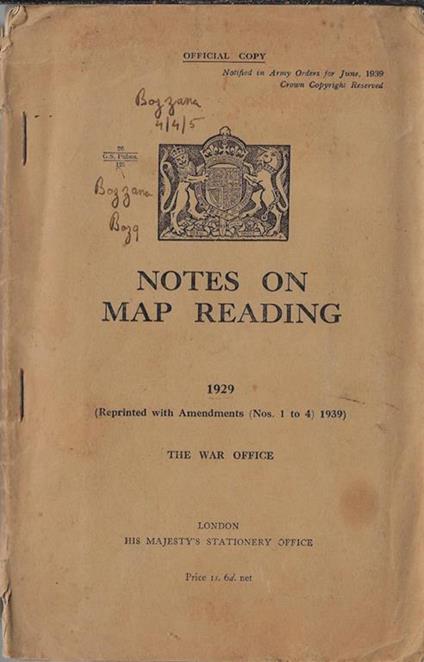 Notes on map reading 1929 (Reprinted with Amendments (Nos. 1 to 4, 1939). The war office - copertina
