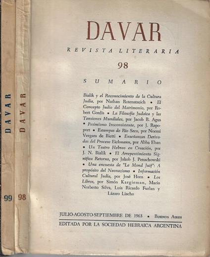 Davar N. 98, 99 anno 1963. Revista Literaria - copertina