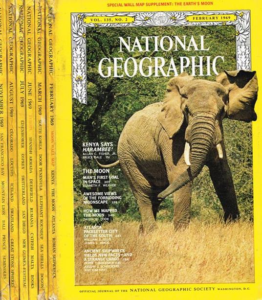 The National Geographic Magazine. Volume 135 number 2, 3, 6. Volume 136 number 1, 2, 5. 1969 - copertina