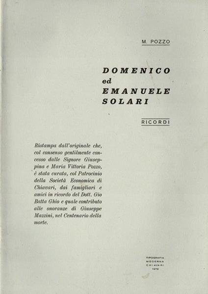 Domenico ed Emanuele Solari. Ricordi - copertina