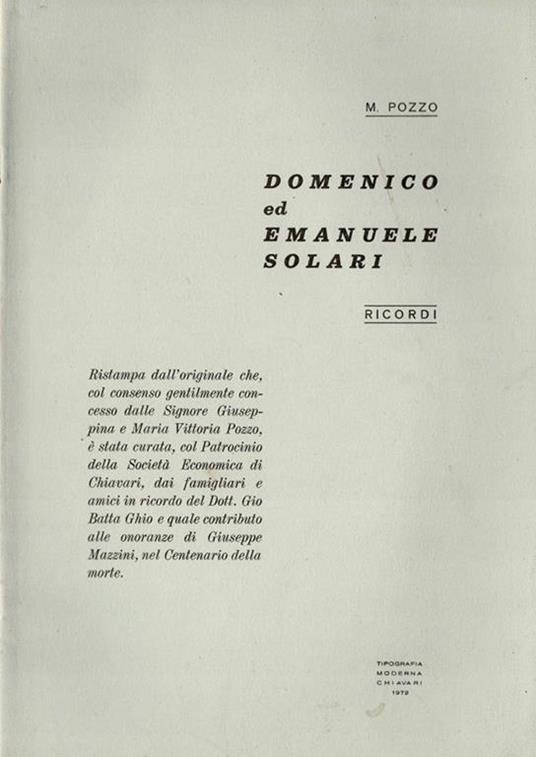 Domenico ed Emanuele Solari. Ricordi - copertina