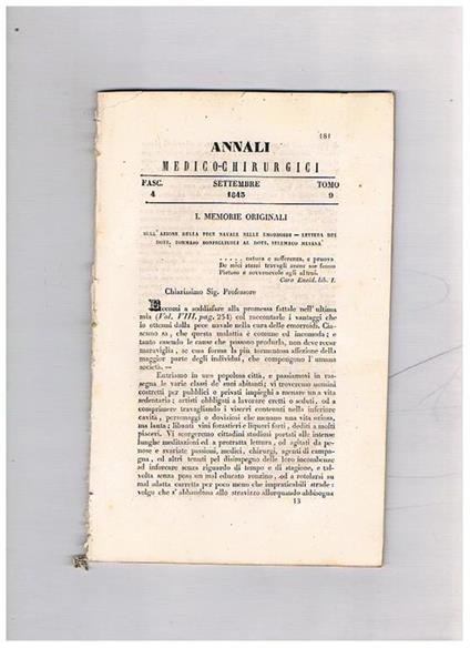 Annali medico-chirurgici, anno 1843, tomo 9, fasc. 4° di settembre. Contiene: Sull'azione della pece navale nelle emorroidi Di un vasto tumore scirroso della vescica degenerato in cancro Saggio di alcune osservazioni fisiche e chimiche sul sangue degli ab - copertina
