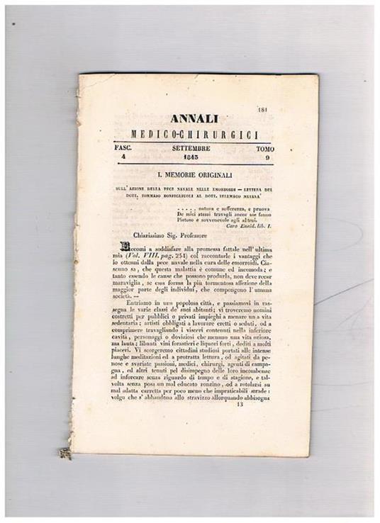 Annali medico-chirurgici, anno 1843, tomo 9, fasc. 4° di settembre. Contiene: Sull'azione della pece navale nelle emorroidi Di un vasto tumore scirroso della vescica degenerato in cancro Saggio di alcune osservazioni fisiche e chimiche sul sangue degli ab - copertina