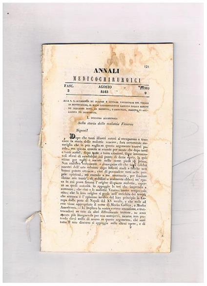 Annali medico-chirurgici, anno 1843, tomo 9°, fasc. 3° di agosto. Contiene: Sulla storia delle malattie veneree Brevi cenni sul miglioramento della veterinaria umiliati alla congregazione speciale di sanità Sugli involucri fetali del Camelus Dromedarius - copertina
