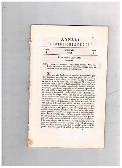 Annali medico-chirurgici, anno 1844, tomo 10, fascicolo 2° di gennajo. Contiene: Intono alle risaje, lettera di Domenico Paoli al chiarissimo Prof. Francesco Puccinotti, pp. 90-94 Studio sopra la morsura del ragno di cantina del dott. Antigono Zappoli med - copertina