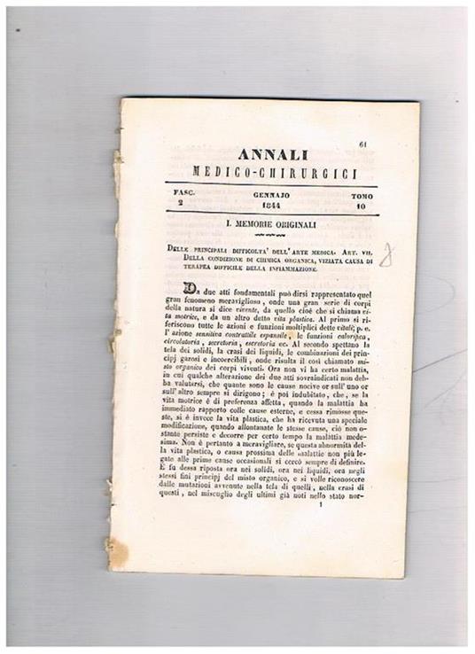 Annali medico-chirurgici, anno 1844, tomo 10, fascicolo 2° di gennajo. Contiene: Intono alle risaje, lettera di Domenico Paoli al chiarissimo Prof. Francesco Puccinotti, pp. 90-94 Studio sopra la morsura del ragno di cantina del dott. Antigono Zappoli med - copertina
