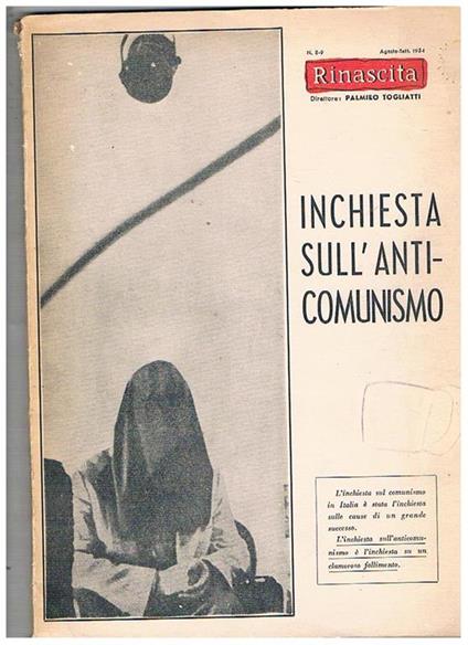 Inchiesta sull'anticomunismo in Italia. N° di ago-set. 1954 di Rinascita rassegna di politica e di cultura italiana - copertina