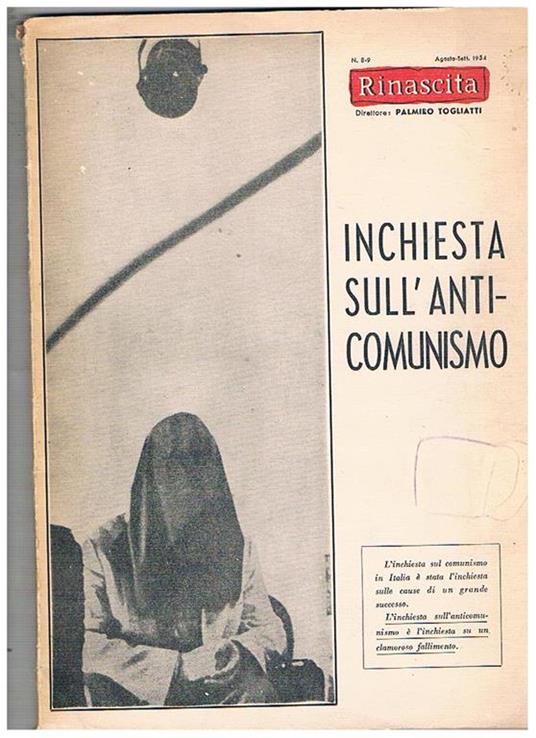 Inchiesta sull'anticomunismo in Italia. N° di ago-set. 1954 di Rinascita rassegna di politica e di cultura italiana - copertina