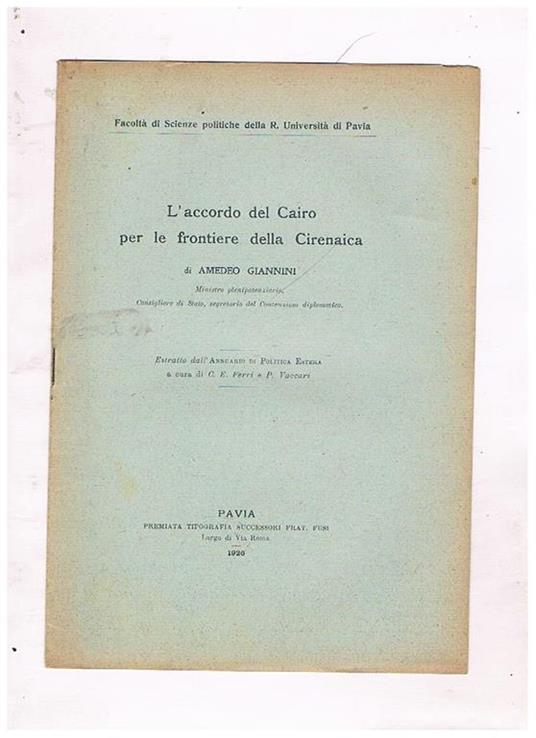 L' accordo del Cairo per le frontiere della Cirenaica. Estratto - Amedeo Giannini - copertina