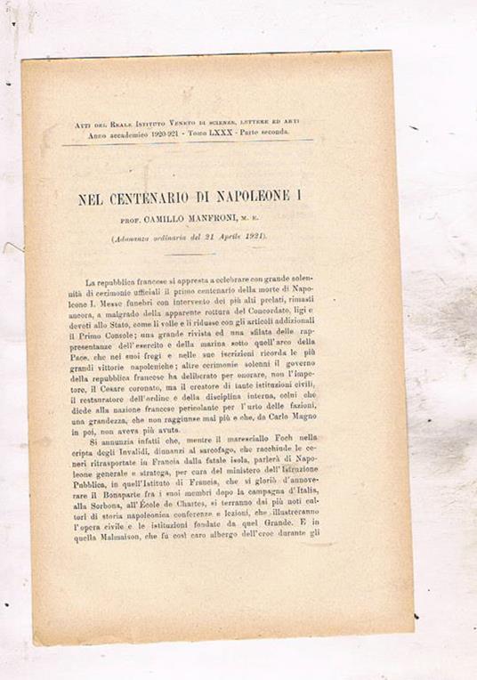 Nel centenario di Napoleone I°. Estratto dagli atti del Reale Istit. Veneto di scienze lettere ed arti anno LXXX 1920-21 - Camillo Manfroni - copertina