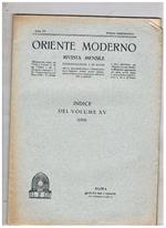 Oriente Moderno, rivista mensile d'informazioni e di studi per la diffusione della conoscenza dell'Oriente, sopra tutto musulmano, pubblicata a cura dell'Istituto per l'Oriente. Disponiamo dell'annata 1935 il n° 1 e dal n° 5 al n° 11 + fascicolo d'indice