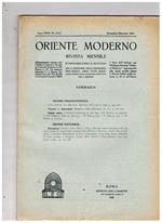Oriente Moderno, rivista mensile d'informazioni e di studi per la diffusione della conoscenza dell'Oriente, sopra tutto musulmano, pubblicata a cura dell'Istituto per l'Oriente. Disponiamo dell'annata 1943 il solo n° 11-12 di novembre-dicembre