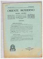 Oriente Moderno, rivista mensile d'informazioni e di studi per la diffusione della conoscenza dell'Oriente, sopra tutto musulmano, pubblicata a cura dell'Istituto per l'Oriente. Disponiamo dell'annata 1947 i numeri 1-3 (gen.-mar.), 4-6 (apr.-giu.), 10-12