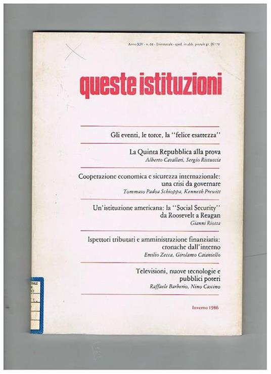 Queste istituzioni, trimestrale anno 1986 - copertina