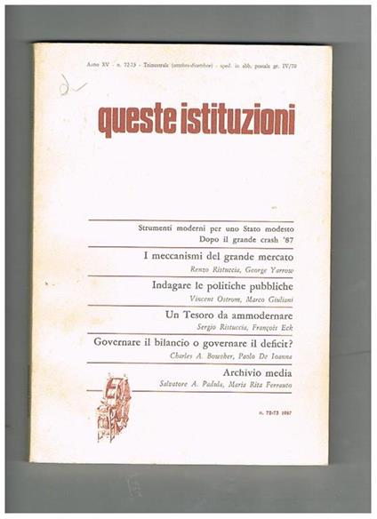 Queste istituzioni, trimestrale anno 1987. Solo fasc. doppio ott-dic - copertina