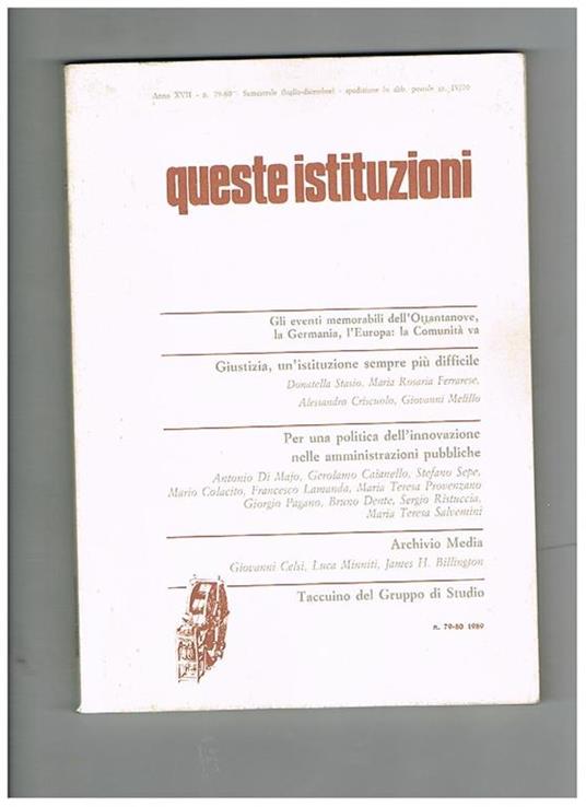 Queste istituzioni, trimestrale anno 1989 - copertina
