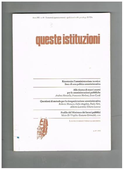 Queste istituzioni, trimestrale anno 1992 - copertina