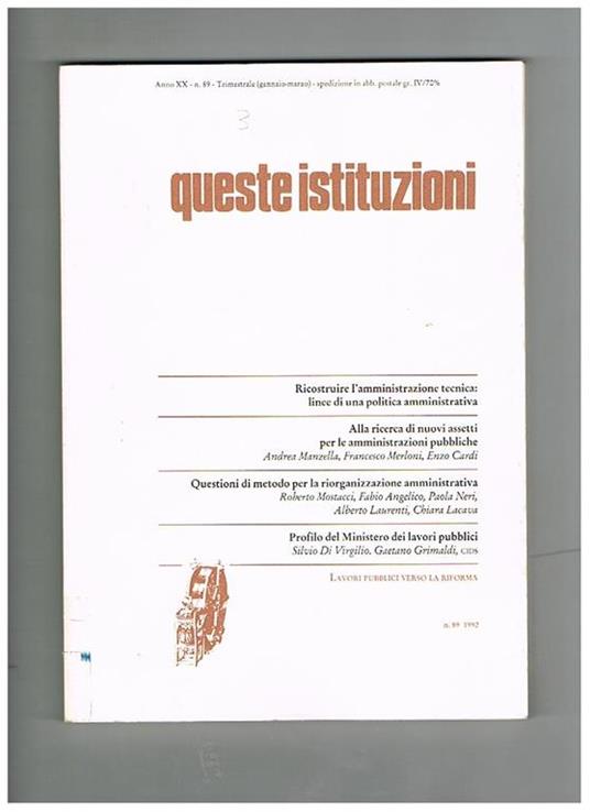 Queste istituzioni, trimestrale anno 1992 - copertina