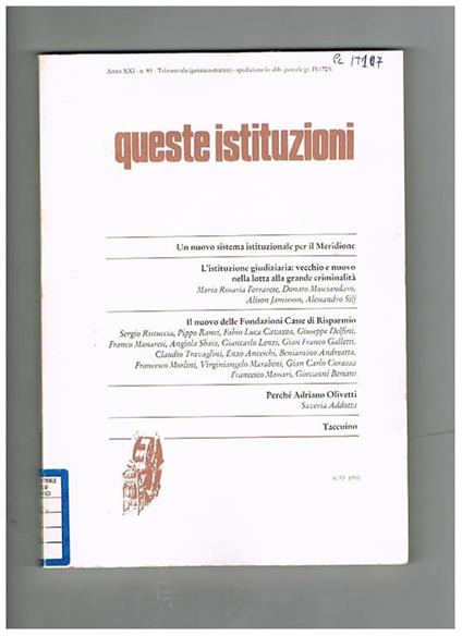 Queste istituzioni, trimestrale anno 1993 manca il 3° trimestre - copertina