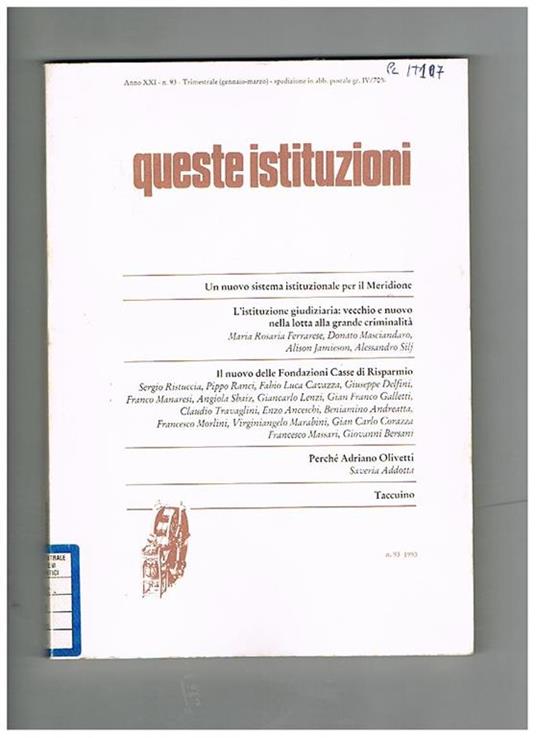 Queste istituzioni, trimestrale anno 1993 manca il 3° trimestre - copertina