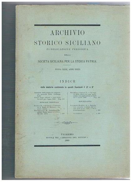 Archivio storico Siciliano pubblicazione periodica della Società Siciliana per la storia patria N° 1-3 e 4. Annata XXXIII° della nuova serie - copertina