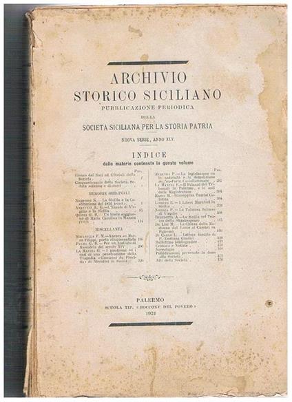 Archivio storico siciliano. pubblicazione periodica della Società Siciliana per la storia patria nuova serie anno XLV - copertina