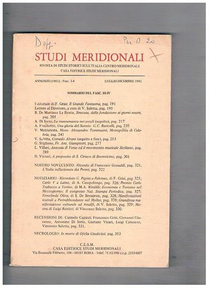 Studi Meridionali rivista trimestrale sull'Italia centro-meridionale diretta da Vincenzo Saletta. fasc. 3-4 lug-dic. 1981. una gloria del sannio G. C. Baricelli Mons. Alessandro Tommasini Metropolita di Calabria Fr. Antonio Giampietri Antonio Il Verso e i - copertina