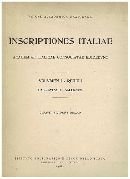 Inscriptiones Italiae, volumen I°, Regio I° fascicvlvs I° Salernum - copertina