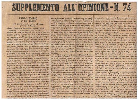 Supplemento all'opinione n° 74 del 1850. Che riguarda uno scritto di carlo Poerio à suoi giudici (nel giudizio di sottoposizione ad accura per reato di lesa maestà) - copertina