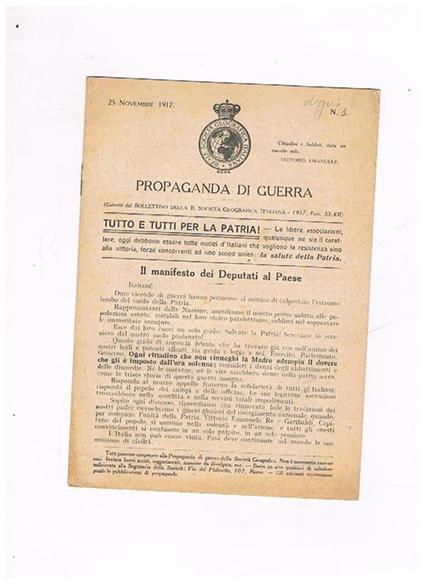 Propaganda di Guerra (estratto del Bollettino della R. Società Geografica Italiana) n° 1 del 25 novembre 1917 - copertina