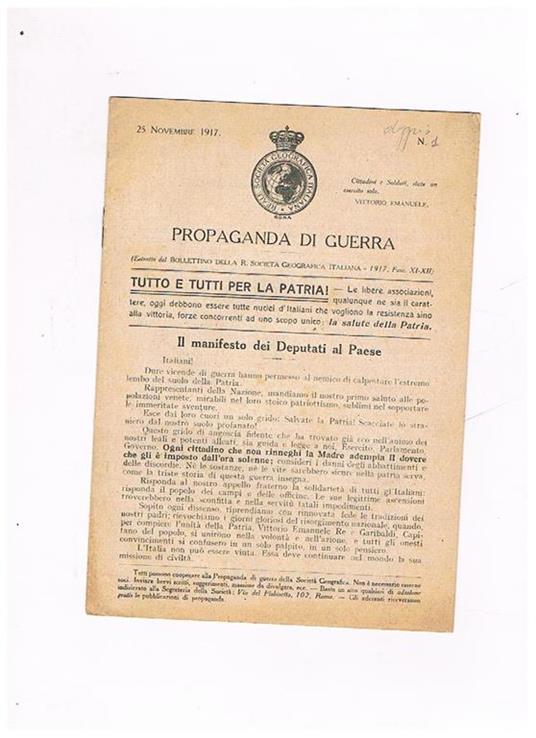 Propaganda di Guerra (estratto del Bollettino della R. Società Geografica Italiana) n° 1 del 25 novembre 1917 - copertina