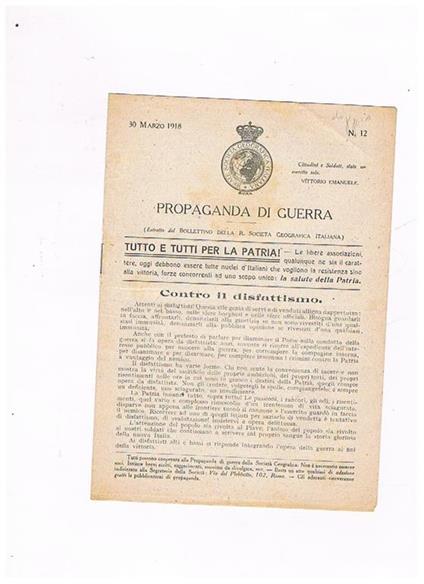 Propaganda di Guerra (estratto del Bollettino della R. Società Geografica Italiana) n° 12 del 30 marzo 1918 - copertina