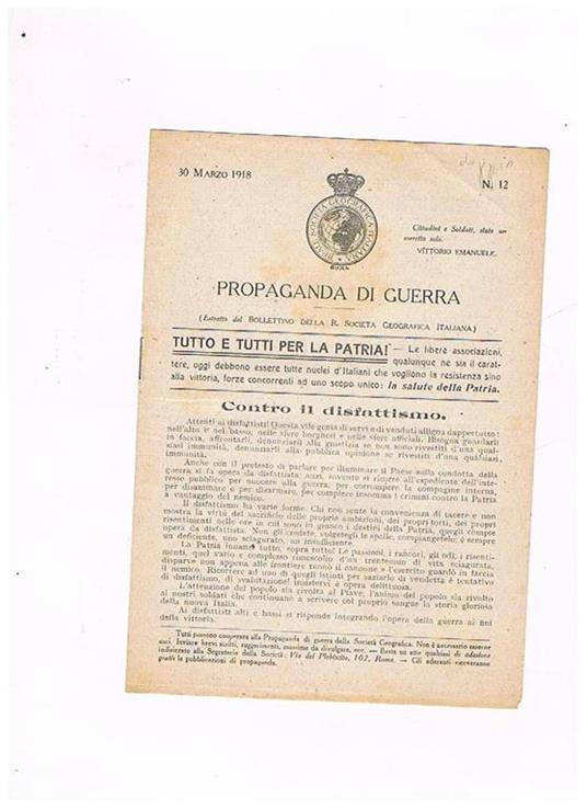 Propaganda di Guerra (estratto del Bollettino della R. Società Geografica Italiana) n° 12 del 30 marzo 1918 - copertina