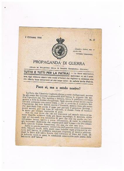 Propaganda di Guerra (estratto del Bollettino della R. Società Geografica Italiana) n° 27 del 2 ottobre 1918 - copertina