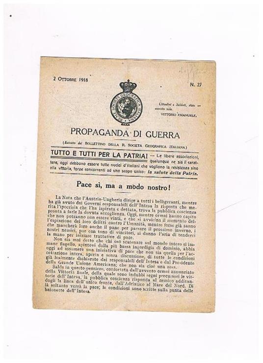 Propaganda di Guerra (estratto del Bollettino della R. Società Geografica Italiana) n° 27 del 2 ottobre 1918 - copertina
