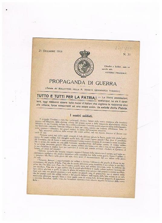 Propaganda di Guerra (estratto del Bollettino della R. Società Geografica Italiana) n° 33 del 25 dicembre 1918 - copertina