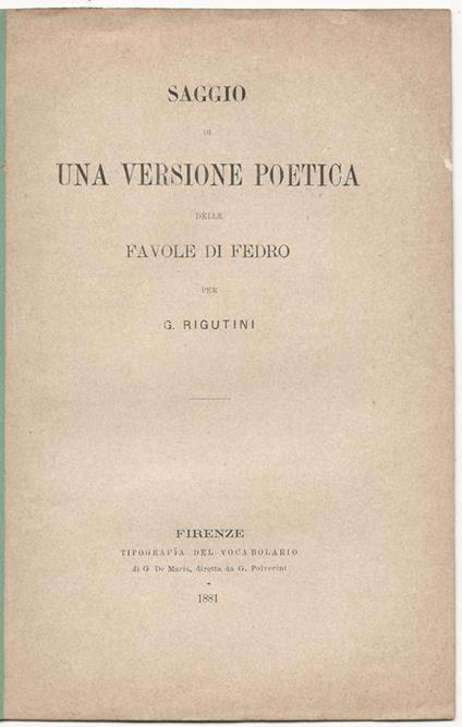 Saggio di una versione poetica delle favole di Fedro - Giuseppe Rigutini - copertina