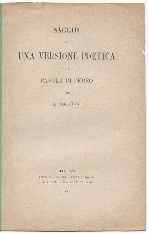 Saggio di una versione poetica delle favole di Fedro - Giuseppe Rigutini - copertina