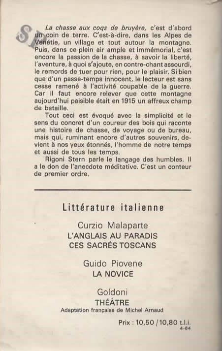 La chasse aux coqs de bruyere. Traduit de l'italien par Georges Piroué - Mario Rigoni Stern - 2